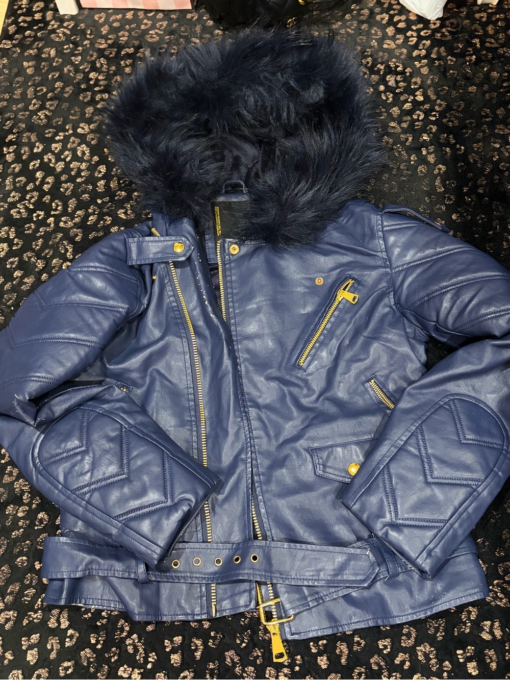 Navy Faux Leather Hooded Jacket with Fur Trim
